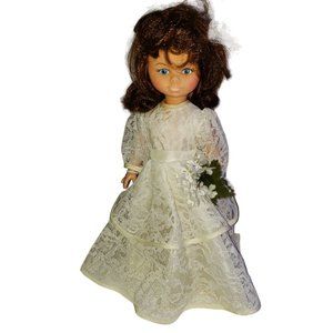 Vintage 80s Bride Vinyl Plastic Movable 12" Doll with Dress Veil Shoes & Flowers
